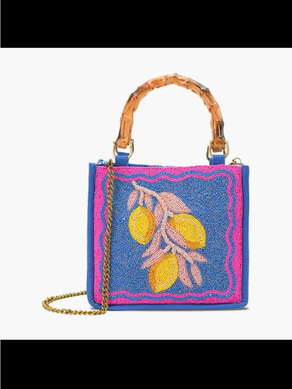 Embroidered Blue & Pink Lemon Beaded Tote with Bamboo Handle